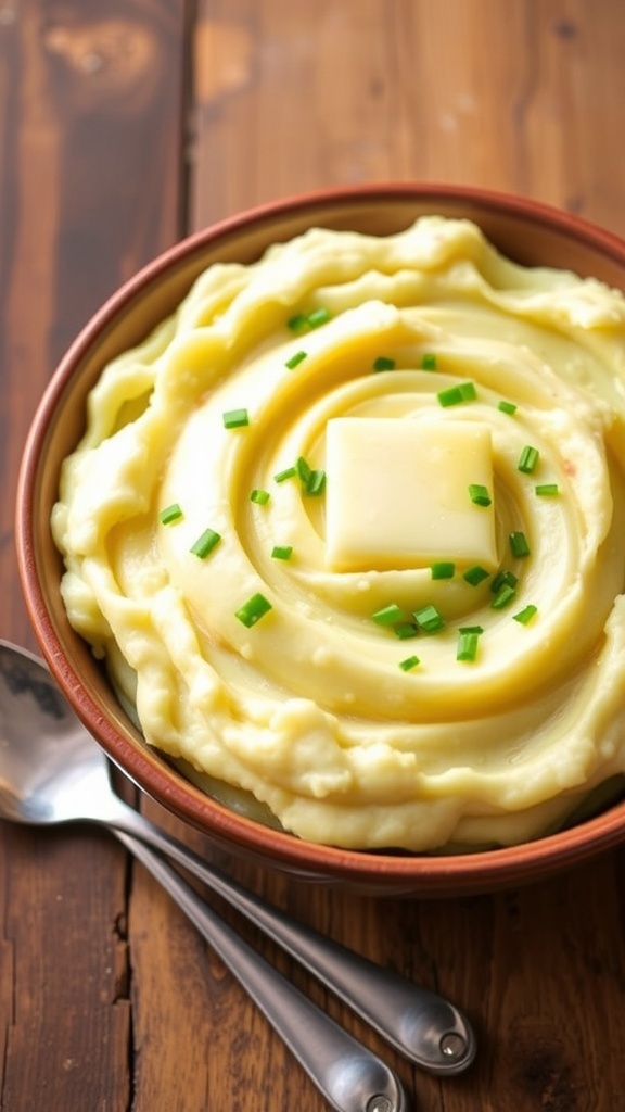 Creamy mashed Yukon Gold potatoes with skin, garnished with chives, in a rustic bowl on a wooden table.